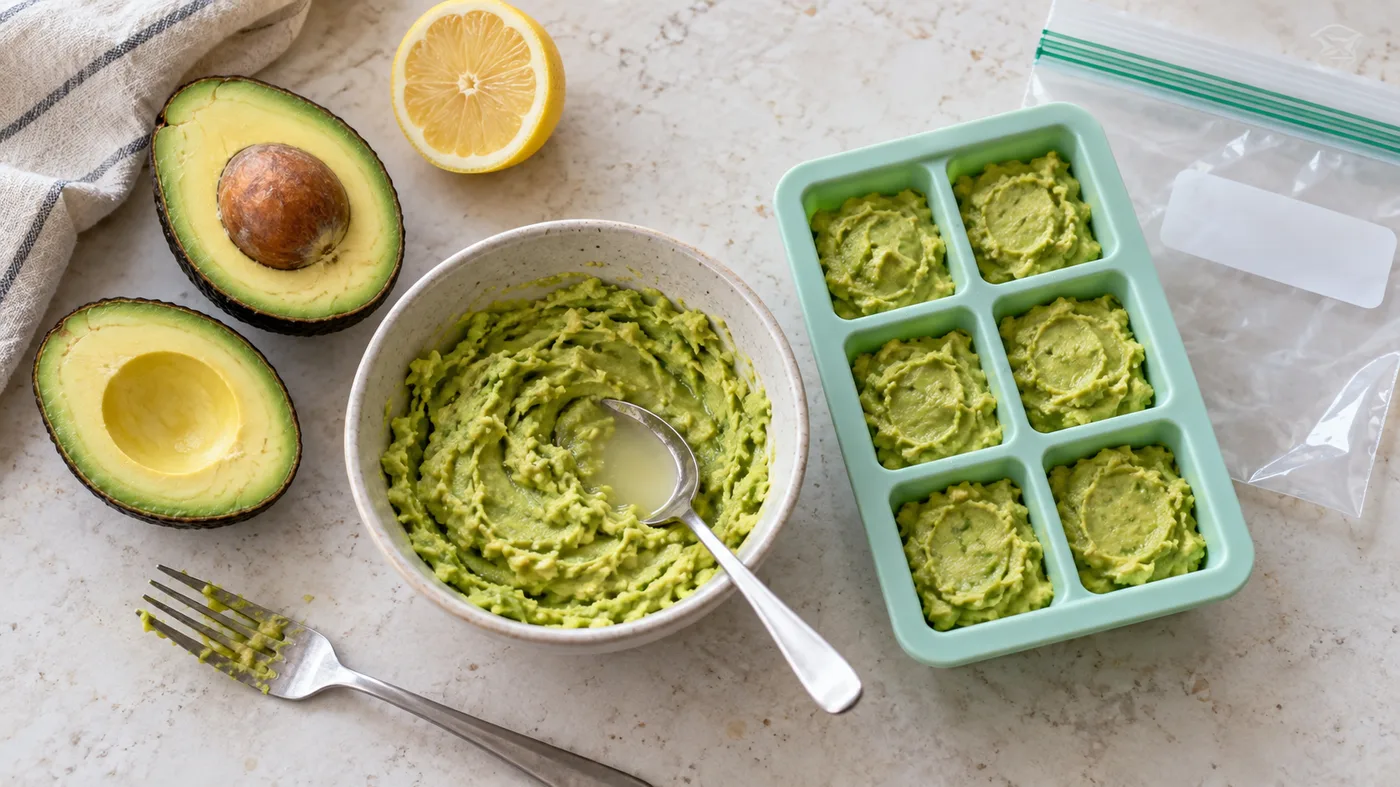 Avocado puree portioned in a silicone tray for freezing