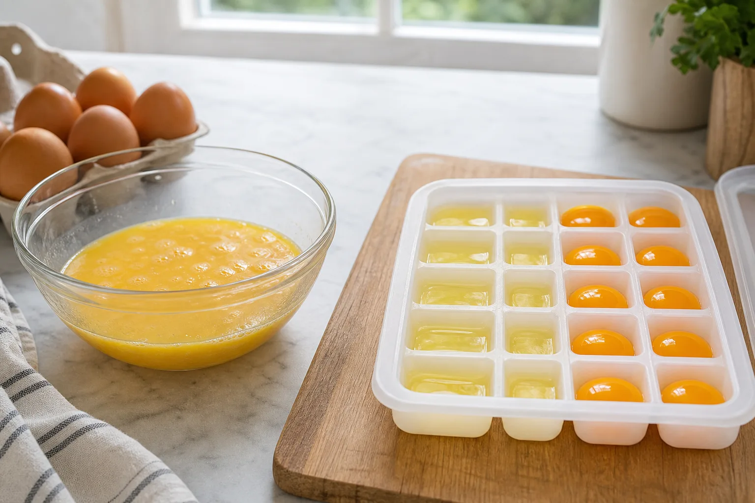 Beaten whole eggs beside separated egg whites and yolks portioned in a freezer tray.