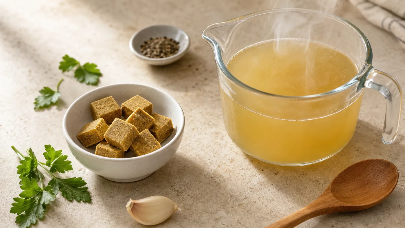 Chicken bouillon cubes beside a measuring jug of prepared golden broth.