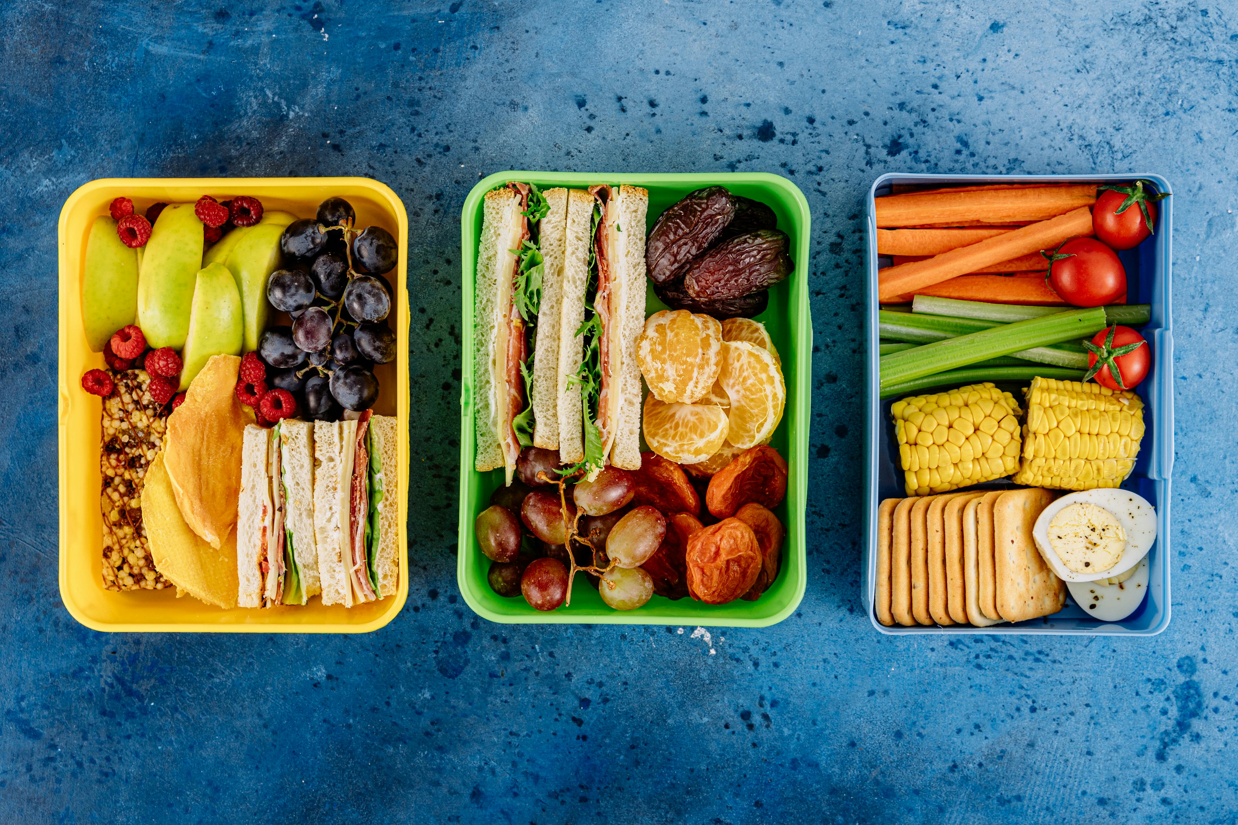 Healthy lunch ideas for work - colorful meal prep containers with no microwave needed