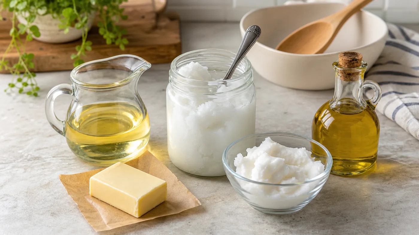 Coconut oil with butter, shortening, olive oil, and neutral cooking oil substitutes.