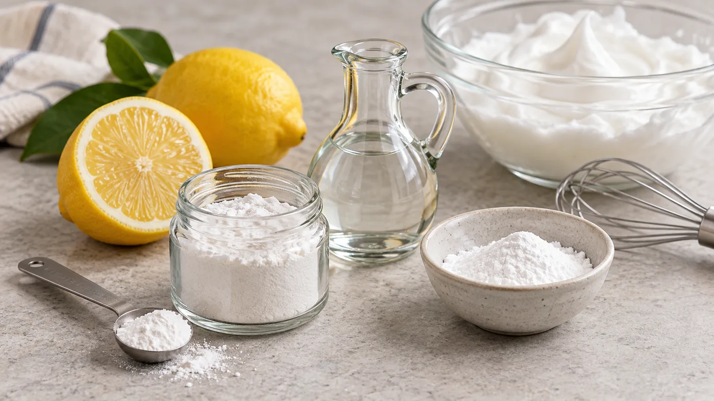 Cream of tartar, lemon, white vinegar, baking powder, and whipped egg whites