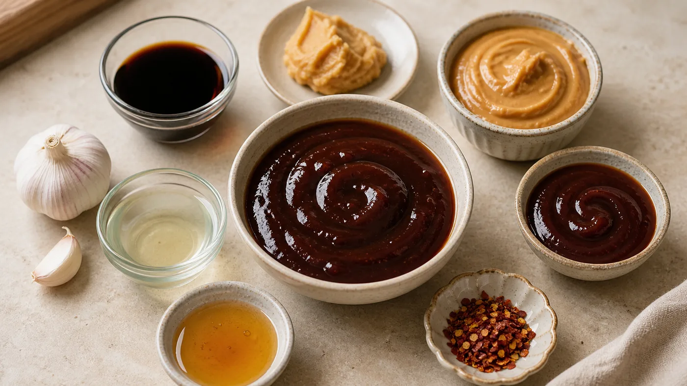 Hoisin-style sauce surrounded by soy sauce, miso, peanut butter, honey, vinegar, garlic, and chili substitutes.
