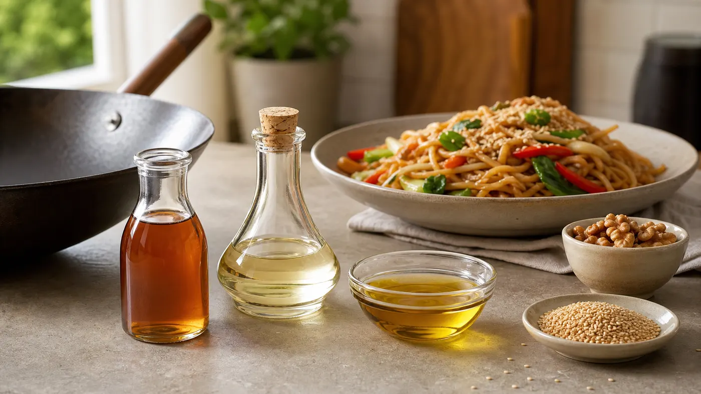 Toasted sesame oil with neutral oil, walnut oil, toasted sesame seeds, and stir-fry noodles.